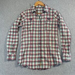 Rock 47 By Wrangler Shirt Women’s Small Colourful Plaid Pear Snap Long Sleeve